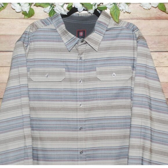 Swiss Tech Men's Brown Button Down Striped Shirt Size 3XL 54-56 Long Sleeve - Picture 2 of 9